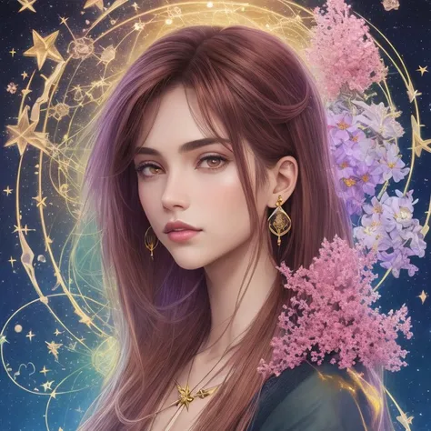 Celestial meadow with starlit grass and cosmic blooms., Alchemist with a map to a lost alchemical treasure, Gal, Average Height, Skinny, Triangular Face, Tan Skin, Auburn Hair, brown Eyes, Straight Nose, Thin Lips, Sharp Chin, Shoulder-Length Hair, Straight Hair, Swept Bangs, round breasts, Stud earrings, pink stain lipstick