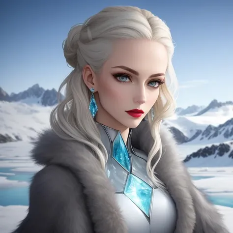 Alchemist Mixing together volatile chemicals to create powerful explosives, Miss, Tall, Toned, Oval Face, Fair Skin, Platinum Blonde Hair, yellow Eyes, [[Curved Nose]], Thick Lips, Prominent Chin, Long Hair, Curly Hair, Low Messy Bun, large breasts, Clip-on earrings, cream sheer lipstick, A frozen tundra, with icy peaks and frozen lakes stretching as far as the eye can see, <lora:epiNoiseoffset_v2:1>