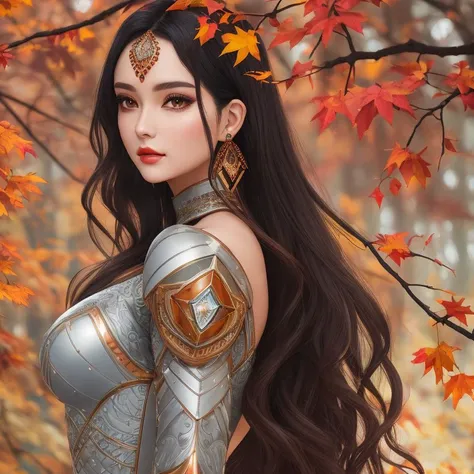 A colorful autumn forest with leaves changing colors, Lamellar Armor, Starlet, Short, Toned, Diamond-Shaped Face, Fair Skin, Black Hair, peach Eyes, Short Nose, Full Lips, Prominent Chin, Long Hair, Wavy Hair, Loose Waves, augmented breasts, Huggie earrings, brown gloss lipstick