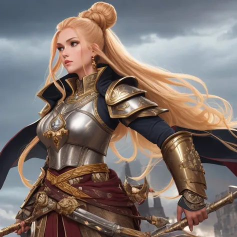 Kusari Armor, Phenom, Average Height, Thin, Diamond-Shaped Face, Dark Skin, Strawberry Blonde Hair, Hazel Eyes, Straight Nose, Pouty Lips, Receding Chin, Long Hair, Wavy Hair, Sock Bun, perky breasts, Clip-on earrings, golden cream lipstick, A stormy sky looming over a sprawling village, Wizard's Tower