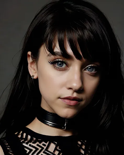 Chz-StellaM, 8k, Wanna be creepy and sad with me?, close-up RAW photo of 1girl as a goth kid, (wearing heavy emo makeup:1.3), blood-red-lips, midnight-black-eyeliner, (flirtatious smile), punk-rock-haircut, goth girlz rule, emo 4 life, simple background, (meticulously-detailed, Ultra-HD-realistic:1.3), (perfect eyes, masterpiece, best quality:1.5),