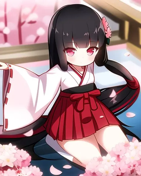 flower, petals, 1girl, pink flower, long hair, red flower, solo, black hair, hakama,short skirt, hydrangea, very long hair, japanese clothes, camellia, bangs, <lora:lin:1>