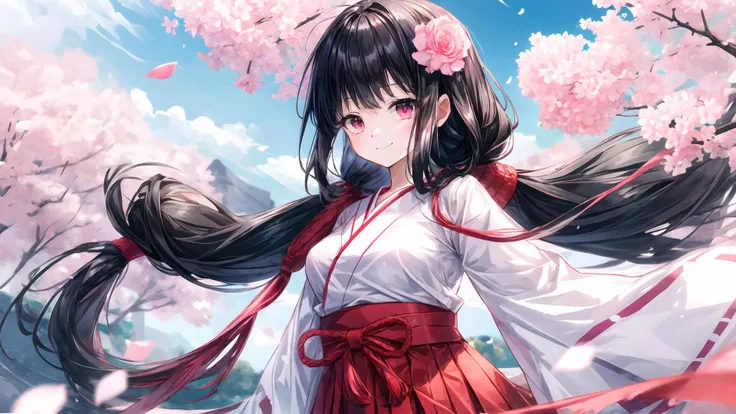 <lora:lin:1>,flower, petals, cherry_blossoms, (1girl:1.331), petals_on_liquid, falling_petals, pink_flower,(long_hair:1.2), rose_petals, red_flower,solo, black_hair, rose, hakama,short skirt, hakama, red_rose, hydrangea, very_long_hair,japanese_clothes, camellia, bangs,smile,looking at viewer, blue sky,walking ,<lora:add_detail:1>, extremely detailed cG unity 8k wallpaper,animecomic,game CG,best quality,masterpiece,upper body, outdoor,sunlight, cloud,low-braided long hair,