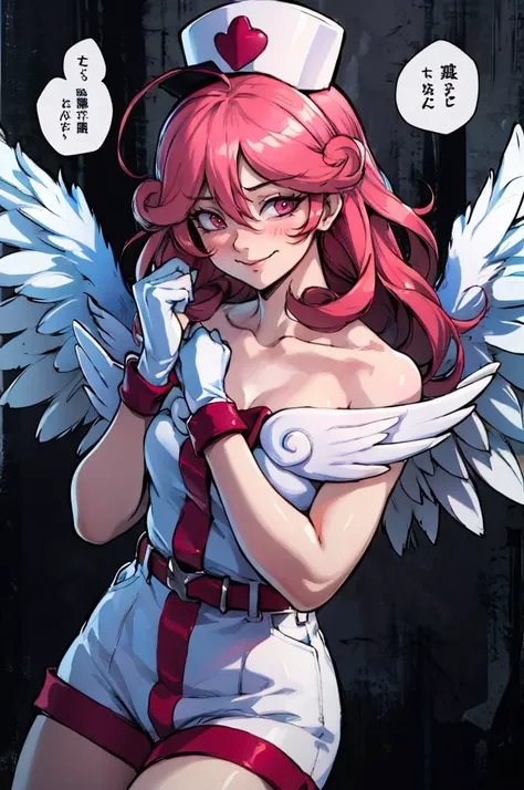 <lora:Injection_Fairy_Lily:0.8> injection fairy lily, pink eyes, angel wings, bare shoulders, belt, blush, collarbone, duel monster, gloves, hair between eyes, heart, long hair, nurse cap, smile, large syringe, <lora:honjou_raita_style_v01:1>, absurdres, ultra detailed, masterpiece, best quality, aesthetic, detailed,