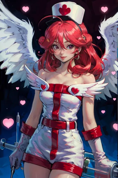 <lora:Injection_Fairy_Lily:0.8> injection fairy lily, pink eyes, angel wings, bare shoulders, belt, blush, collarbone, duel monster, gloves, hair between eyes, heart, long hair, nurse cap, smile, large syringe, <lora:NakayamaTooru:1> sketch, mecha,, absurdres, ultra detailed, masterpiece, best quality, aesthetic, detailed,