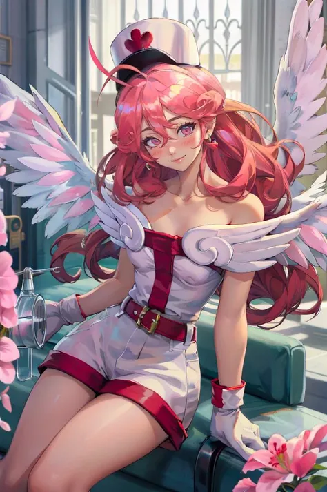 <lora:Injection_Fairy_Lily:0.8> injection fairy lily, pink eyes, angel wings, bare shoulders, belt, blush, collarbone, duel monster, gloves, hair between eyes, heart, long hair, nurse cap, smile, large syringe,    <lora:TorinoV71:1>, absurdres, ultra detailed, masterpiece, best quality, aesthetic, detailed,