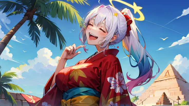 1girl, breasts, angel girl, ((black eyes)), blue pupils, halo , gradient, gradient background, hair between eyes, massive pyramid in distance, large breasts, long hair, looking at viewer, ponytail, palm tropical cloud sky painted background, kimono, smile, solo, spoken tree, sweater, white hair <lora:colorize:1.4> <lora:scfbp_v12:0.8> ((scfbp, solo, looking up at viewer))