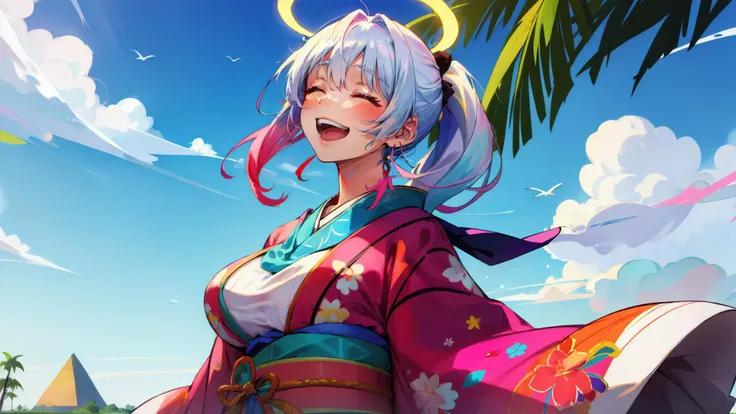 1girl, breasts, angel girl, ((black eyes)), blue pupils, halo , gradient, gradient background, hair between eyes, massive pyramid in distance, large breasts, long hair, looking at viewer, ponytail, palm tropical cloud sky painted background, kimono, smile, solo, spoken tree, sweater, white hair <lora:colorize:1.4> <lora:scfbp_v12:0.8> ((scfbp, solo, looking up at viewer))