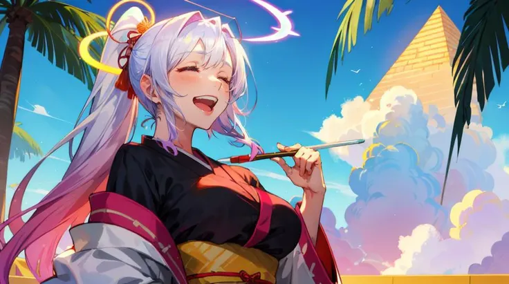 1girl, breasts, angel girl, ((black eyes)), blue pupils, halo , gradient, gradient background, hair between eyes, massive pyramid in distance, large breasts, long hair, looking at viewer, ponytail, palm tropical cloud sky painted background, kimono, smile, solo, spoken tree, sweater, white hair <lora:colorize:1.4> <lora:scfbp_v12:0.8> ((scfbp, solo, looking up at viewer))