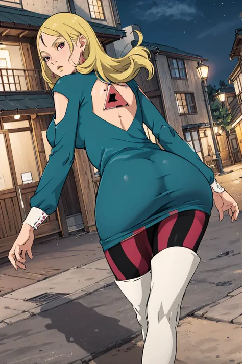 yakiyama line <lora:YakiyamaStyle:0.9>, masterpiece, high quality, best quality, beautiful, hd, perfect lighting, detailed face, detailed body, 1girl, delta, delta dress, blonde hair, earrings, walking, dutch angle, back view, (looking at viewer), sexy and tender, night, outdoors <lora:Delta:0.8>