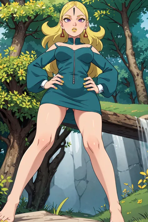 (masterpiece, best quality:1.3), Delta, looking at viewer, view from below, barefoot, thighs, wide hips, long legs, (from below:1.4), leg focus, (hip focus:1.3), blonde hair, purple eyes, earrings, delta_dress, yellow nails, nail polish, shiny skin, full body, hand on hip, bottomless, pussy, solo, yellow lips, outdoors, (detailed, highres:1.4) <lora:Function_Better.Hands:1> <lora:Character_Boruto_Delta:0.7>