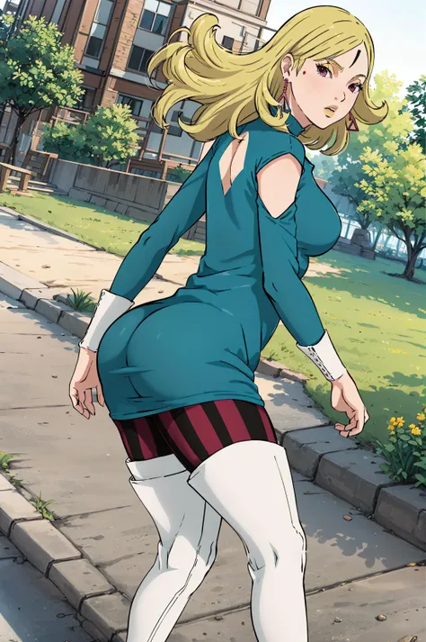 yakiyama line <lora:YakiyamaStyle:0.9>, masterpiece, high quality, best quality, beautiful, hd, perfect lighting, detailed face, detailed body, 1girl, delta, delta dress, blonde hair, earrings, walking, dutch angle, back view, (looking at viewer), sexy and tender, dawn, outdoors <lora:Delta:0.8>