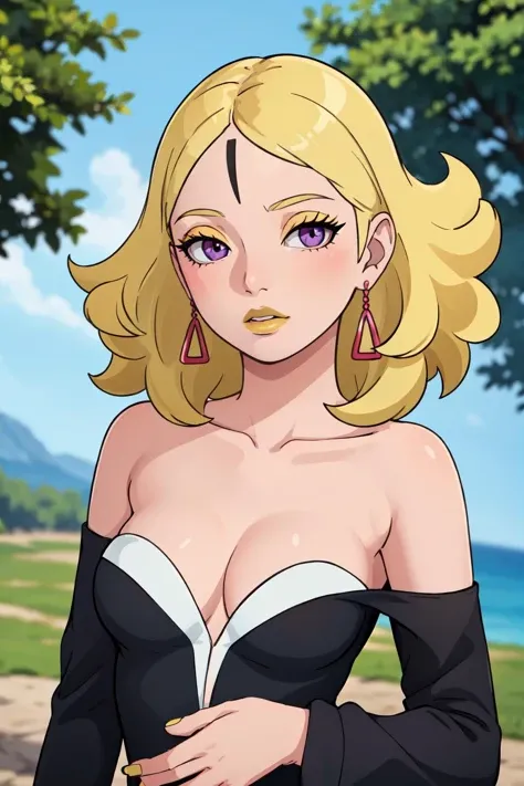 (masterpiece, best quality:1.3), Delta, yellow eyeshadow, looking at viewer, standing, upper body, blonde hair, purple eyes, earrings, black dress, bare shoulders, collarbone, strapless, sleeveless, medium breasts, cleavage, (skindentation:1.3), yellow nails, nail polish, shiny skin, hand on hip, solo, yellow lips, outdoors, (detailed, highres:1.4) 