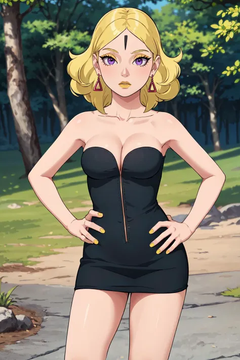 (masterpiece, best quality:1.3), Delta, yellow eyeshadow, looking at viewer, standing, upper body, blonde hair, purple eyes, earrings, black dress, bare shoulders, collarbone, strapless, sleeveless, medium breasts, cleavage, (skindentation:1.3), yellow nails, nail polish, shiny skin, hand on hip, solo, yellow lips, outdoors, (detailed, highres:1.4) <lora:Function_Better.Hands:1> <lora:Character_Boruto_Delta:0.7> <lora:Function_Squeezer:0.3>