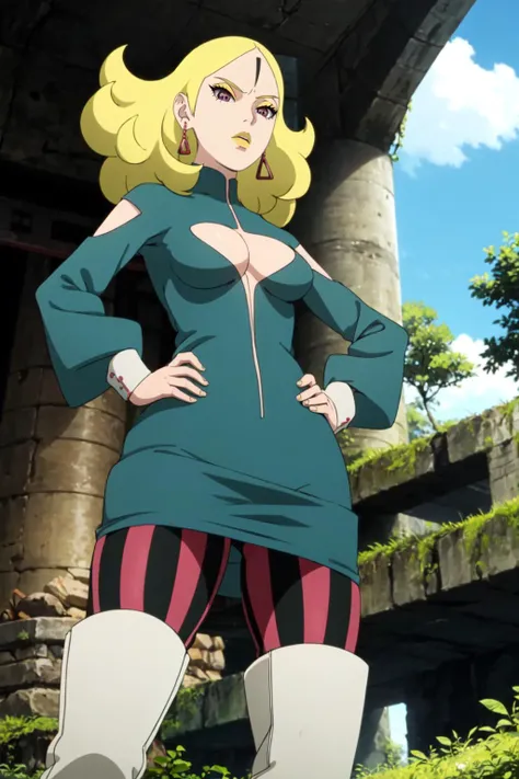 <lora:Delta:1> from below, hands on hips, Delta, blonde hair, delta_dress, earrings, moss-covered ruins, overgrowth, urban decay, futuristic design