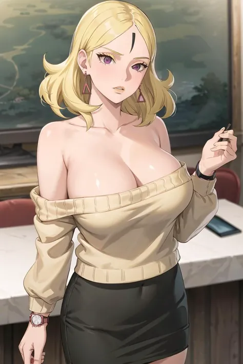 masterpiece, best quality, beautiful Delta, blonde hair,(cowboy shot),jewelry, earrings, (black skirt), wristwatch, (off-shoulder sweater), pencil skirt, collarbone, large breasts,(intricately detailed, hyperdetailed), blurry background,depth of field, best quality, masterpiece, intricate details, tonemapping, sharp focus, hyper detailed, trending on Artstation,1 girl, high res, official art