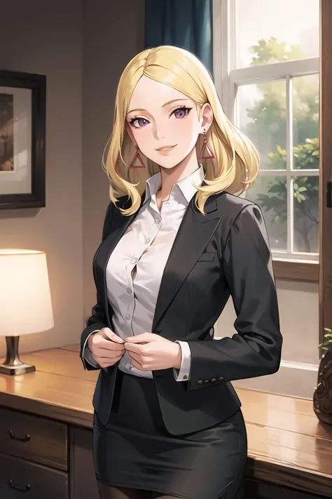 Delta, blonde hair,earrings, lips, closed mouth, 1girl, solo, smile ,(black suit), pantyhose, pencil skirt,black skirt,long sleeves, shirt tucked in,looking at viewer, shirt, (white shirt), window, formal, light smile, upper body,(intricately detailed, hyperdetailed), blurry background,depth of field, best quality, masterpiece, intricate details, tonemapping, sharp focus, hyper detailed, trending on Artstation,1 girl, high res,facing viewer, official art