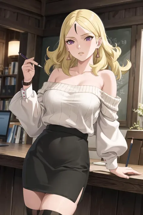 masterpiece, best quality, beautiful Delta, blonde hair,(cowboy shot),jewelry, earrings, (black skirt:1.2), wristwatch, (off-shoulder sweater), pencil skirt, collarbone, large breasts,(intricately detailed, hyperdetailed), blurry background,depth of field, best quality, masterpiece, intricate details, tonemapping, sharp focus, hyper detailed, trending on Artstation,1 girl, high res, official art