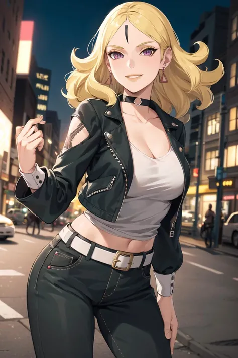 1girl,cowboy shot, beautiful Delta, earrings, blonde hair, looking at viewer, smile, shirt, pants, belt, dynamic pose,choker, black jacket, city, smile, outdoors, volumetric lighting, best quality, masterpiece, intricate details, tonemapping, sharp focus, hyper detailed, trending on Artstation,