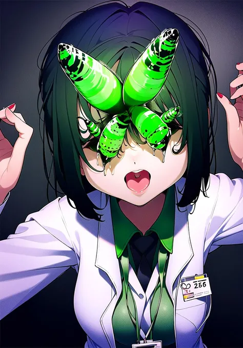 upper body,  (leucochloridium, leucochloridium eyes, no eye, leucochloridium atenna), 1girl, solo, saliva, black hair, green eyes, (labcoat), collared shirt, medium breasts,    <lora:a-æç leucochloridium, leucochloridium nipples, leucochloridium eyes, no eye, leucochloridium atenna, leucochloridium for hentai:1.25>