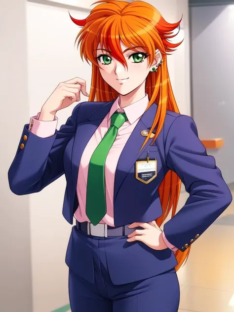 <lora:Nogiwa_Miho:0.9>,NogiwaMiho, 1girl, solo, green eyes, necktie, jewelry, earrings, long hair, orange hair, hand on hip, bag, smile, purple_jacket, belt, handbag, school uniform, red necktie, long sleeves,
masterpiece, high quality, very_high_resolution, large_filesize, full color,