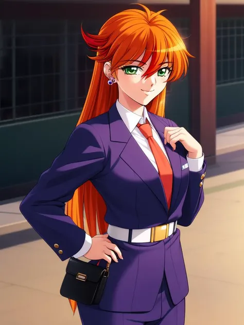 <lora:Nogiwa_Miho:0.9>,NogiwaMiho, 1girl, solo, green eyes, necktie, jewelry, earrings, long hair, orange hair, hand on hip, bag, smile, purple_jacket, belt, handbag, school uniform, red necktie, long sleeves,
masterpiece, high quality, very_high_resolution, large_filesize, full color,
