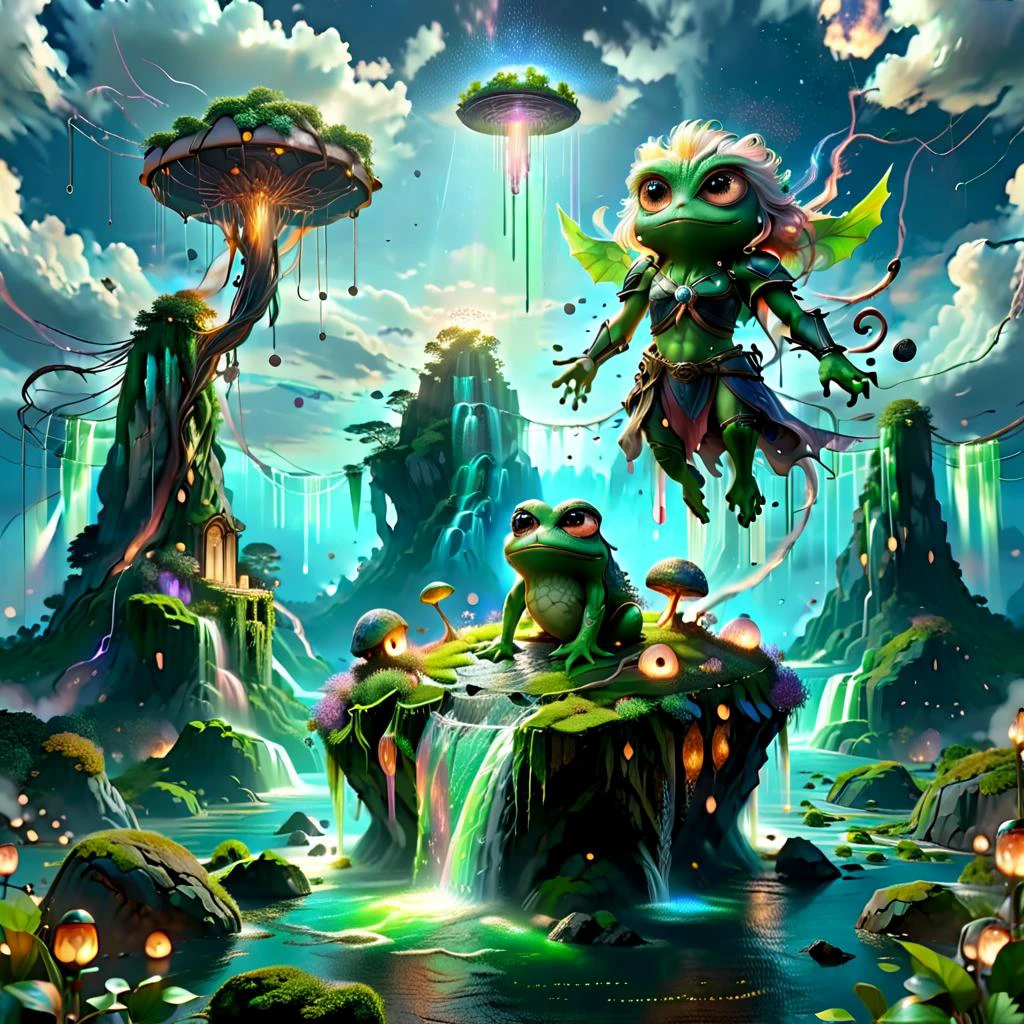 (masterpiece, best_quality, ultra-detailed, immaculate:1.3), epic, illustration, Magical floating islands with giant Guardian Pepe frog watching over earth,1 pixie woman, solo, outdoors, sky, cloud, water, armor, glowing, colored skin, cloudy sky, powerstaff, glowing eyes, rock, mountain, color skin <lora:ral-mytfrst:0.8> ral-mytfrst , fantasy, glowing, glowing eyes, fantasy landscape, floating islands, falling waterfalls,magic particles flowing rivers<lora:Particles_Style_SDXL:0.8> ais-particlez <lora:LORA_XenoDetailer_v3:.4> <lora:guardian:0.9> guardian <lora:ponydiffusionv6_pepethefrog:1> <lora:RPGPixie:0.8> rpgpixie <lora:DonMM4thM4g1c:0.8>
