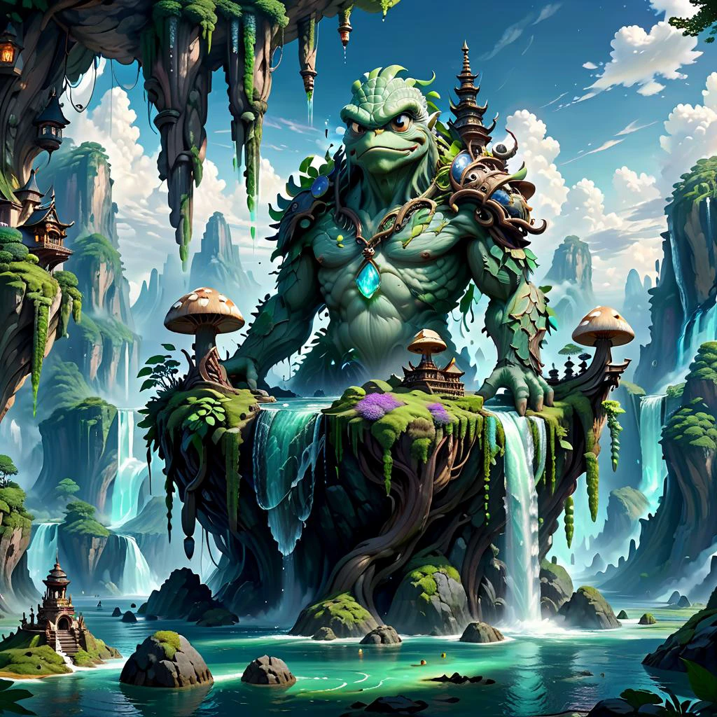 (masterpiece, best_quality, ultra-detailed, immaculate:1.3), epic, illustration, Magical floating islands with translucent giant PEPE mega-physique guardian watching over earth, solo, outdoors, sky, cloud, water, armor, glowing, , cloudy sky, staff, glowing eyes, rock, mountain, <lora:ral-mytfrst-sdxl:0.8> ral-mytfrst , fantasy, glowing, glowing eyes, fantasy landscape, floating islands, falling waterfalls, <lora:guardian:0.9> enormous guardian spirit <lora:ponydiffusionv6_pepethefrog:1>