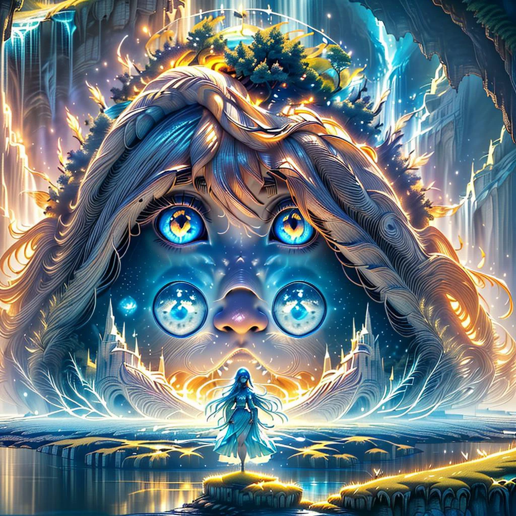 (masterpiece, best_quality, ultra-detailed, immaculate:1.3), epic, illustration, Magical floating islands with giant goddess watching over earth,1girl, solo, blue eyes, outdoors, sky, cloud, water, armor, glowing, colored skin, cloudy sky, staff, glowing eyes, rock, mountain, blue skin <lora:ral-mytfrst-sdxl:0.8> ral-mytfrst , fantasy, glowing, glowing eyes, fantasy landscape, floating islands, falling waterfalls, <lora:Particles_Style_SDXL:0.8> ais-particlez <lora:LORA-XenoDetailer-v3:.4> <lora:guardian:0.9> guardian