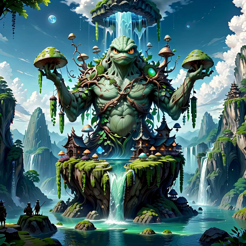 (masterpiece, best_quality, ultra-detailed, immaculate:1.3), epic, illustration, Magical floating islands with translucent giant PEPE mega-physique guardian watching over earth, solo, outdoors, sky, cloud, water, armor, glowing, , cloudy sky, staff, glowing eyes, rock, mountain, <lora:ral-mytfrst-sdxl:0.8> ral-mytfrst , fantasy, glowing, glowing eyes, fantasy landscape, floating islands, falling waterfalls, <lora:guardian:0.9> enormous guardian spirit <lora:ponydiffusionv6_pepethefrog:1>