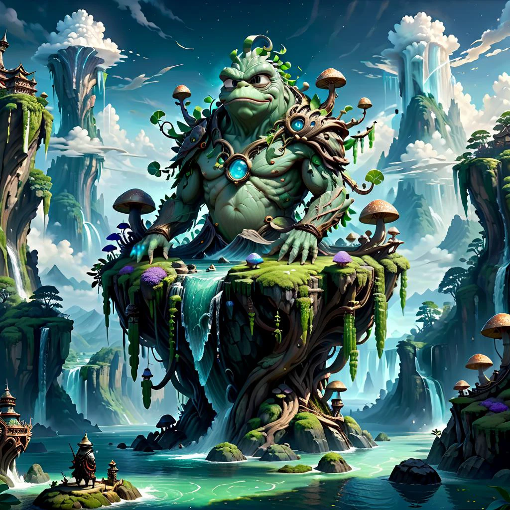 (masterpiece, best_quality, ultra-detailed, immaculate:1.3), epic, illustration, Magical floating islands with translucent giant PEPE mega-physique guardian watching over earth, solo, outdoors, sky, cloud, water, armor, glowing, , cloudy sky, staff, glowing eyes, rock, mountain, <lora:ral-mytfrst-sdxl:0.8> ral-mytfrst , fantasy, glowing, glowing eyes, fantasy landscape, floating islands, falling waterfalls, <lora:guardian:0.9> enormous guardian spirit <lora:ponydiffusionv6_pepethefrog:1>