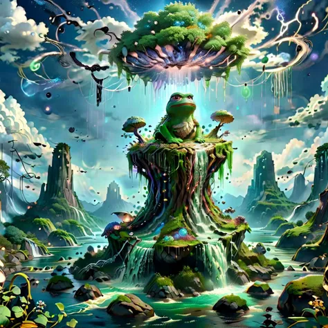 (masterpiece, best_quality, ultra-detailed, immaculate:1.3), epic, illustration, Magical floating islands with giant Guardian Pepe frog watching over earth,1woman, solo, outdoors, sky, cloud, water, armor, glowing, colored skin, cloudy sky, staff, glowing eyes, rock, mountain, blue skin <lora:ral-mytfrst:0.8> ral-mytfrst , fantasy, glowing, glowing eyes, fantasy landscape, floating islands, falling waterfalls, <lora:Particles_Style_SDXL:0.8> ais-particlez <lora:LORA_XenoDetailer_v3:.4> <lora:guardian:0.9> guardian <lora:wizards_vintage_comics-Undergroundf16:0.8> Vintage comic book with title text: "gods", vintage comic book <lora:ponydiffusionv6_pepethefrog:1> <lora:RPGPixie:0.8> rpgpixie <lora:DonMM4thM4g1c:0.8>