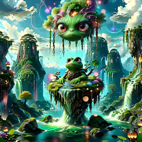 (masterpiece, best_quality, ultra-detailed, immaculate:1.3), epic, illustration, Magical floating islands with giant Guardian Pepe frog watching over earth,1 pixie woman, solo, outdoors, sky, cloud, water, armor, glowing, colored skin, cloudy sky, powerstaff, glowing eyes, rock, mountain, color skin <lora:ral-mytfrst:0.8> ral-mytfrst , fantasy, glowing, glowing eyes, fantasy landscape, floating islands, falling waterfalls,magic particles flowing rivers<lora:Particles_Style_SDXL:0.8> ais-particlez <lora:LORA_XenoDetailer_v3:.4> <lora:guardian:0.9> guardian <lora:ponydiffusionv6_pepethefrog:1> <lora:RPGPixie:0.8> rpgpixie <lora:DonMM4thM4g1c:0.8>