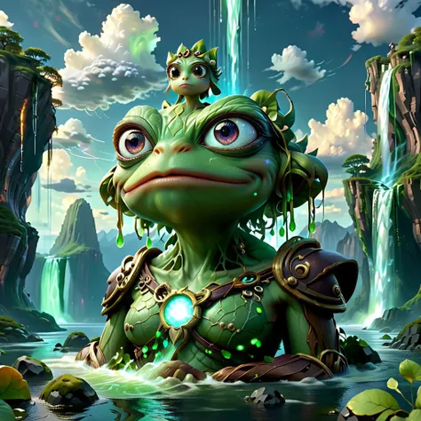 (masterpiece, best_quality, ultra-detailed, immaculate:1.3), epic, illustration, Magical floating islands with giant Guardian Pepe frog watching over earth,1 pixie woman, solo, outdoors, sky, cloud, water, armor, glowing, colored skin, cloudy sky, powerstaff, glowing eyes, rock, mountain, color skin <lora:ral-mytfrst:0.8> ral-mytfrst , fantasy, glowing, glowing eyes, fantasy landscape, floating islands, falling waterfalls, flowing rivers of magic particles ais-particlez <lora:guardian:0.9> guardian <lora:ponydiffusionv6_pepethefrog:1> <lora:RPGPixie:0.8> rpgpixie