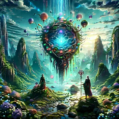 (masterpiece, best_quality, ultra-detailed, immaculate:1.3), epic, illustration, Magical floating islands with giant goddess watching over earth,1girl, solo, blue eyes, outdoors, sky, cloud, water, armor, glowing, colored skin, cloudy sky, staff, glowing eyes, rock, mountain, blue skin <lora:ral-mytfrst-sdxl:0.8> ral-mytfrst , fantasy, glowing, glowing eyes, fantasy landscape, floating islands, falling waterfalls, <lora:Particles_Style_SDXL:0.8> ais-particlez <lora:LORA_XenoDetailer_v3:.4> <lora:guardian:0.9> guardian