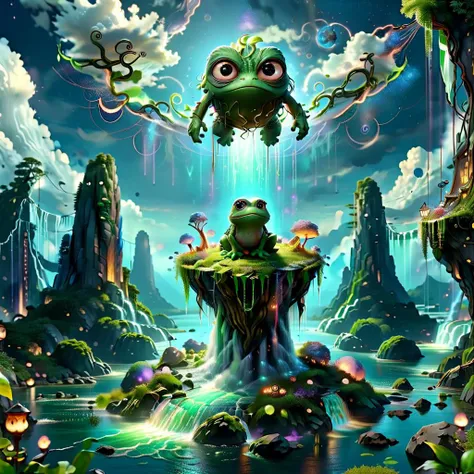 (masterpiece, best_quality, ultra-detailed, immaculate:1.3), epic, illustration, Magical floating islands with giant Guardian Pepe frog watching over earth,1 pixie woman, solo, outdoors, sky, cloud, water, armor, glowing, colored skin, cloudy sky, powerstaff, glowing eyes, rock, mountain, color skin <lora:ral-mytfrst:0.8> ral-mytfrst , fantasy, glowing, glowing eyes, fantasy landscape, floating islands, falling waterfalls,magic particles flowing rivers<lora:Particles_Style_SDXL:0.8> ais-particlez <lora:LORA_XenoDetailer_v3:.4> <lora:guardian:0.9> guardian <lora:ponydiffusionv6_pepethefrog:1> <lora:RPGPixie:0.8> rpgpixie <lora:DonMM4thM4g1c:0.8>