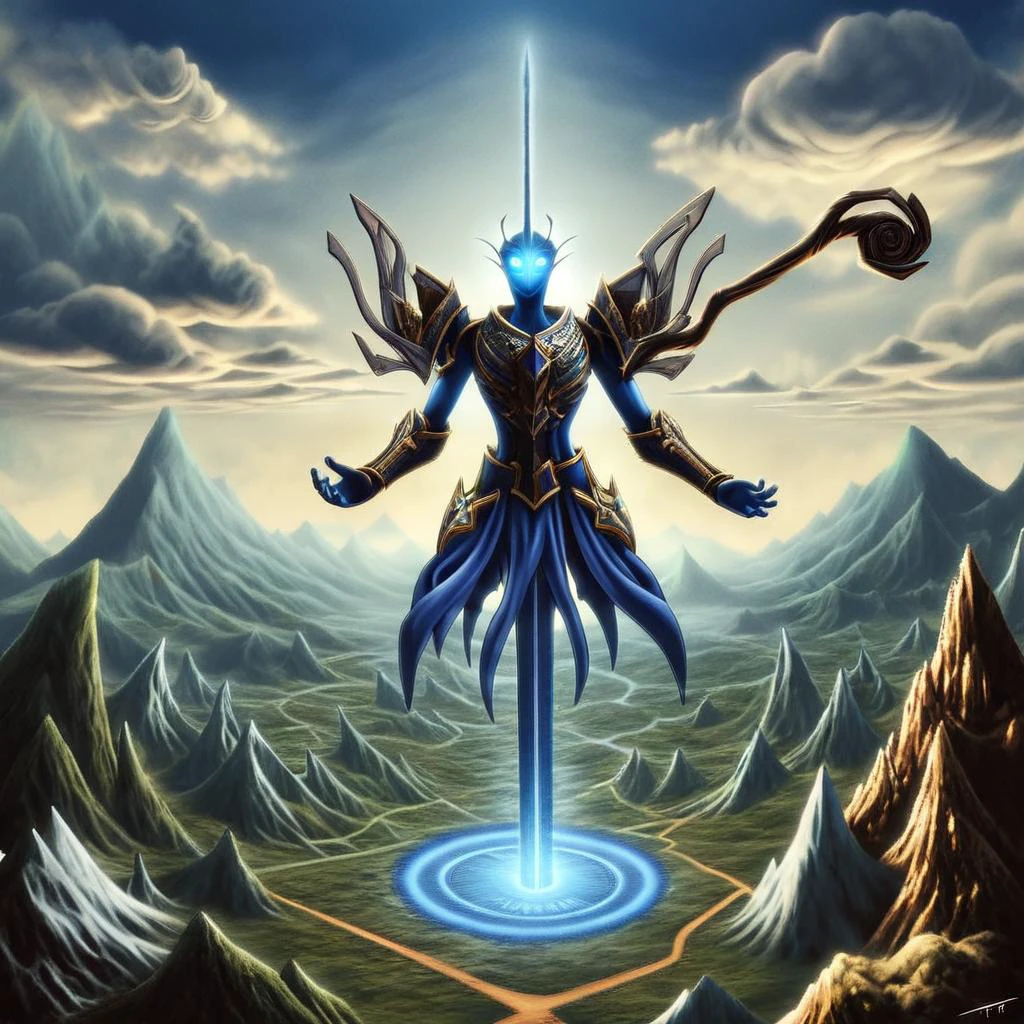 (masterpiece, best_quality, ultra-detailed, immaculate:1.3), epic, illustration, Magical floating islands with giant goddess watching over earth,1girl, solo, blue eyes, outdoors, sky, cloud, water, armor, glowing, colored skin, cloudy sky, staff, glowing eyes, rock, mountain, blue skin <lora:ral-mytfrst-sdxl:0.8> ral-mytfrst , fantasy, glowing, glowing eyes, fantasy landscape, floating islands, falling waterfalls, <lora:Particles_Style_SDXL:0.8> ais-particlez <lora:LORA-XenoDetailer-v3:.4> <lora:guardian:0.9> guardian