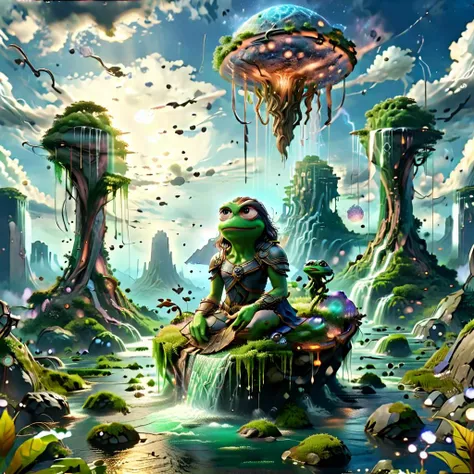 (masterpiece, best_quality, ultra-detailed, immaculate:1.3), epic, illustration, Magical floating islands with giant Guardian Pepe frog watching over earth,1woman, solo, outdoors, sky, cloud, water, armor, glowing, colored skin, cloudy sky, staff, glowing eyes, rock, mountain, blue skin <lora:ral-mytfrst:0.8> ral-mytfrst , fantasy, glowing, glowing eyes, fantasy landscape, floating islands, falling waterfalls, <lora:Particles_Style_SDXL:0.8> ais-particlez <lora:LORA_XenoDetailer_v3:.4> <lora:guardian:0.9> guardian <lora:wizards_vintage_comics-Undergroundf16:0.8> Vintage comic book with title text: "gods", vintage comic book <lora:ponydiffusionv6_pepethefrog:1> <lora:RPGPixie:0.8> rpgpixie <lora:DonMM4thM4g1c:0.8>