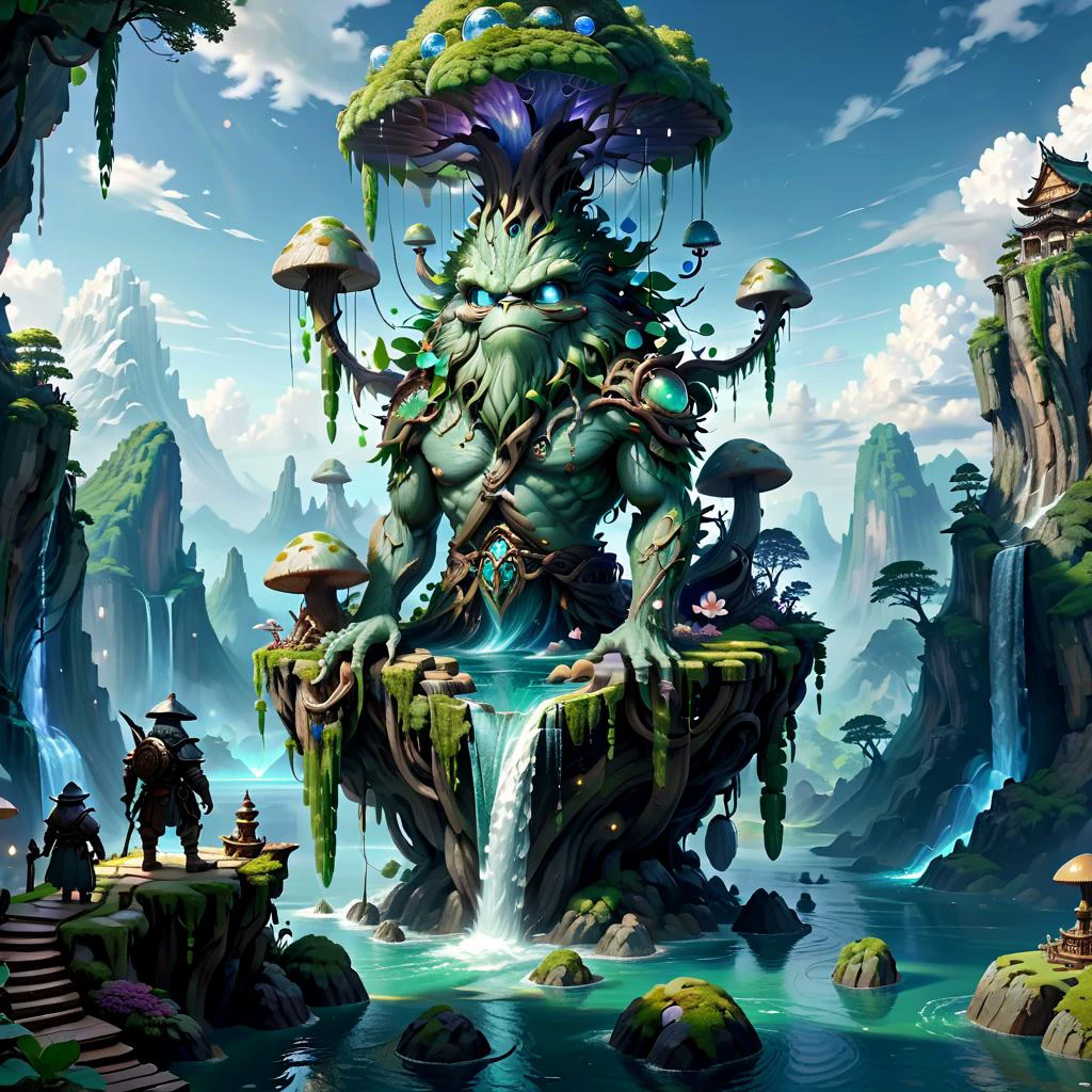 (masterpiece, best_quality, ultra-detailed, immaculate:1.3), epic, illustration, Magical floating islands with translucent giant PEPE mega-physique guardian watching over earth, solo, outdoors, sky, cloud, water, armor, glowing, , cloudy sky, staff, glowing eyes, rock, mountain, <lora:ral-mytfrst-sdxl:0.8> ral-mytfrst , fantasy, glowing, glowing eyes, fantasy landscape, floating islands, falling waterfalls, <lora:guardian:0.9> enormous guardian spirit <lora:ponydiffusionv6_pepethefrog:1>