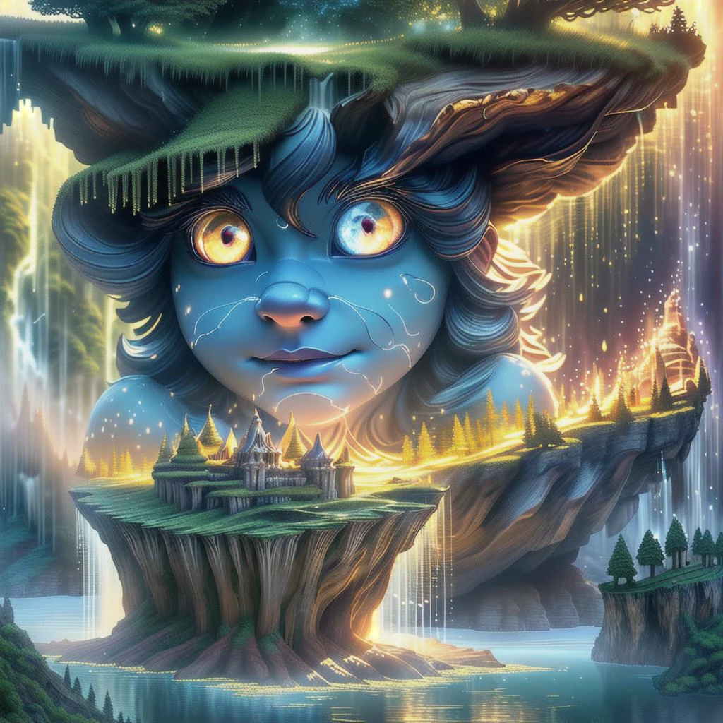(masterpiece, best_quality, ultra-detailed, immaculate:1.3), epic, illustration, Magical floating islands with giant goddess watching over earth,1girl, solo, blue eyes, outdoors, sky, cloud, water, armor, glowing, colored skin, cloudy sky, staff, glowing eyes, rock, mountain, blue skin <lora:ral-mytfrst-sdxl:0.8> ral-mytfrst , fantasy, glowing, glowing eyes, fantasy landscape, floating islands, falling waterfalls, <lora:Particles_Style_SDXL:0.8> ais-particlez <lora:LORA-XenoDetailer-v3:.4> <lora:guardian:0.9> guardian