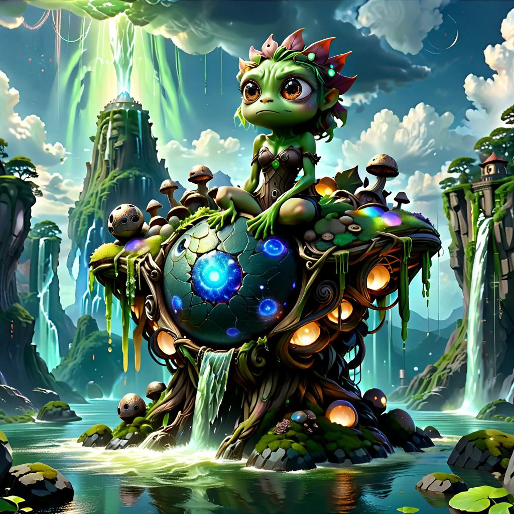 (masterpiece, best_quality, ultra-detailed, immaculate:1.3), epic, illustration, Magical floating islands with giant Guardian Pepe frog watching over earth,1 pixie woman, solo, outdoors, sky, cloud, water, armor, glowing, colored skin, cloudy sky, powerstaff, glowing eyes, rock, mountain, color skin <lora:ral-mytfrst:0.8> ral-mytfrst , fantasy, glowing, glowing eyes, fantasy landscape, floating islands, falling waterfalls, flowing rivers of magic particles ais-particlez <lora:guardian:0.9> guardian <lora:ponydiffusionv6_pepethefrog:1> <lora:RPGPixie:0.8> rpgpixie