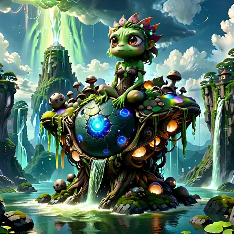 (masterpiece, best_quality, ultra-detailed, immaculate:1.3), epic, illustration, Magical floating islands with giant Guardian Pepe frog watching over earth,1 pixie woman, solo, outdoors, sky, cloud, water, armor, glowing, colored skin, cloudy sky, powerstaff, glowing eyes, rock, mountain, color skin <lora:ral-mytfrst:0.8> ral-mytfrst , fantasy, glowing, glowing eyes, fantasy landscape, floating islands, falling waterfalls, flowing rivers of magic particles ais-particlez  <lora:guardian:0.9> guardian <lora:ponydiffusionv6_pepethefrog:1> <lora:RPGPixie:0.8> rpgpixie