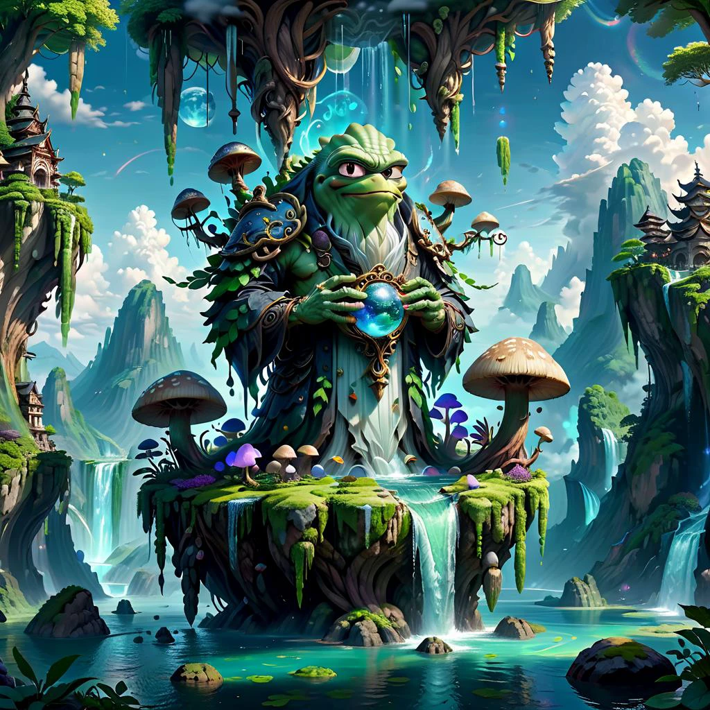 (masterpiece, best_quality, ultra-detailed, immaculate:1.3), epic, illustration, Magical floating islands with translucent giant PEPE mega-physique guardian watching over earth, solo, outdoors, sky, cloud, water, armor, glowing, , cloudy sky, staff, glowing eyes, rock, mountain, <lora:ral-mytfrst-sdxl:0.8> ral-mytfrst , fantasy, glowing, glowing eyes, fantasy landscape, floating islands, falling waterfalls, <lora:guardian:0.9> enormous guardian spirit <lora:ponydiffusionv6_pepethefrog:1>