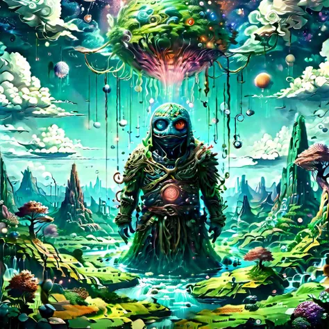 (masterpiece, best_quality, ultra-detailed, immaculate:1.3), epic, illustration, Magical floating islands with giant Guardian mega-physique Pepe frog watching over earth,1girl, solo, outdoors, sky, cloud, water, armor, glowing, colored skin, cloudy sky, staff, glowing eyes, rock, mountain, blue skin <lora:ral-mytfrst-sdxl:0.8> ral-mytfrst , fantasy, glowing, glowing eyes, fantasy landscape, floating islands, falling waterfalls, <lora:Particles_Style_SDXL:0.8> ais-particlez <lora:LORA_XenoDetailer_v3:.4> <lora:guardian:0.9> guardian <lora:wizards_vintage_comics-Undergroundf16:0.8> Vintage comic book with title text: "gods", vintage comic book <lora:ponydiffusionv6_pepethefrog:1>