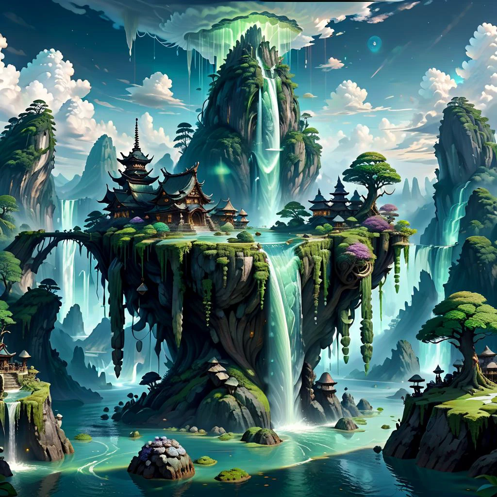 (masterpiece, best_quality, ultra-detailed, immaculate:1.3), epic, illustration, Magical floating islands with translucent giant PEPE mega-physique guardian watching over earth, solo, outdoors, sky, cloud, water, armor, glowing, , cloudy sky, staff, glowing eyes, rock, mountain, <lora:ral-mytfrst-sdxl:0.8> ral-mytfrst , fantasy, glowing, glowing eyes, fantasy landscape, floating islands, falling waterfalls, <lora:guardian:0.9> enormous guardian spirit <lora:ponydiffusionv6_pepethefrog:1>
