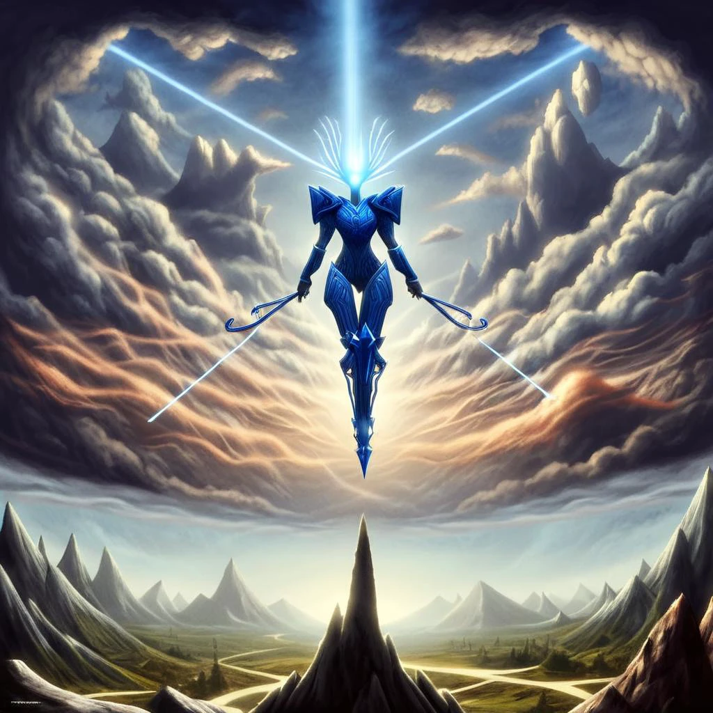 (masterpiece, best_quality, ultra-detailed, immaculate:1.3), epic, illustration, Magical floating islands with giant goddess watching over earth,1girl, solo, blue eyes, outdoors, sky, cloud, water, armor, glowing, colored skin, cloudy sky, staff, glowing eyes, rock, mountain, blue skin <lora:ral-mytfrst-sdxl:0.8> ral-mytfrst , fantasy, glowing, glowing eyes, fantasy landscape, floating islands, falling waterfalls, <lora:Particles_Style_SDXL:0.8> ais-particlez <lora:LORA-XenoDetailer-v3:.4> <lora:guardian:0.9> guardian