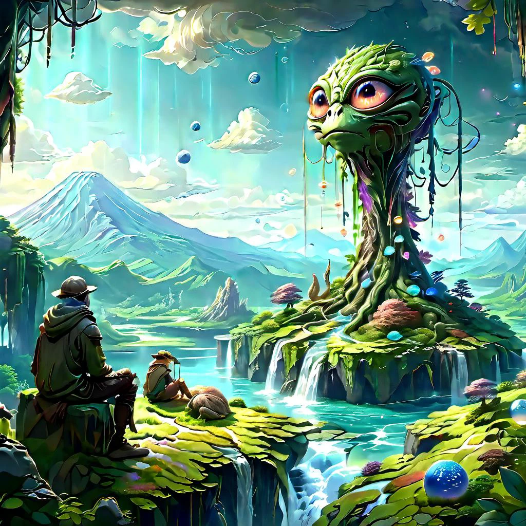 (masterpiece, best_quality, ultra-detailed, immaculate:1.3), epic, illustration, Magical floating islands with giant Guardian mega-physique Pepe frog watching over earth,1girl, solo, outdoors, sky, cloud, water, armor, glowing, colored skin, cloudy sky, staff, glowing eyes, rock, mountain, blue skin <lora:ral-mytfrst-sdxl:0.8> ral-mytfrst , fantasy, glowing, glowing eyes, fantasy landscape, floating islands, falling waterfalls, <lora:guardian:0.9> guardian spirit <lora:ponydiffusionv6_pepethefrog:1>