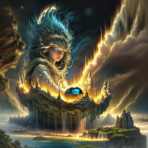 (masterpiece, best_quality, ultra-detailed, immaculate:1.3), epic, illustration, Magical floating islands with giant goddess watching over earth,1girl, solo, blue eyes, outdoors, sky, cloud, water, armor, glowing, colored skin, cloudy sky, staff, glowing eyes, rock, mountain, blue skin <lora:ral-mytfrst:0.8> ral-mytfrst , fantasy, glowing, glowing eyes, fantasy landscape, floating islands, falling waterfalls, <lora:Particles_Style_SDXL:0.8> ais-particlez <lora:LORA_XenoDetailer_v3:.4> <lora:guardian:0.9> guardian <lora:wizards_vintage_comics-Undergroundf16:0.8> Vintage comic book with title text: "gods", vintage comic book