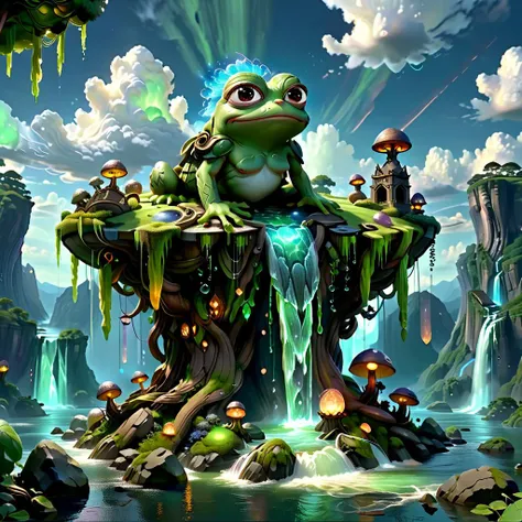 (masterpiece, best_quality, ultra-detailed, immaculate:1.3), epic, illustration, Magical floating islands with giant Guardian Pepe frog watching over earth,1 pixie woman, solo, outdoors, sky, cloud, water, armor, glowing, colored skin, cloudy sky, powerstaff, glowing eyes, rock, mountain, color skin <lora:ral-mytfrst:0.8> ral-mytfrst , fantasy, glowing, glowing eyes, fantasy landscape, floating islands, falling waterfalls, flowing rivers of magic particles ais-particlez <lora:guardian:0.9> guardian <lora:ponydiffusionv6_pepethefrog:1> <lora:RPGPixie:0.8> rpgpixie