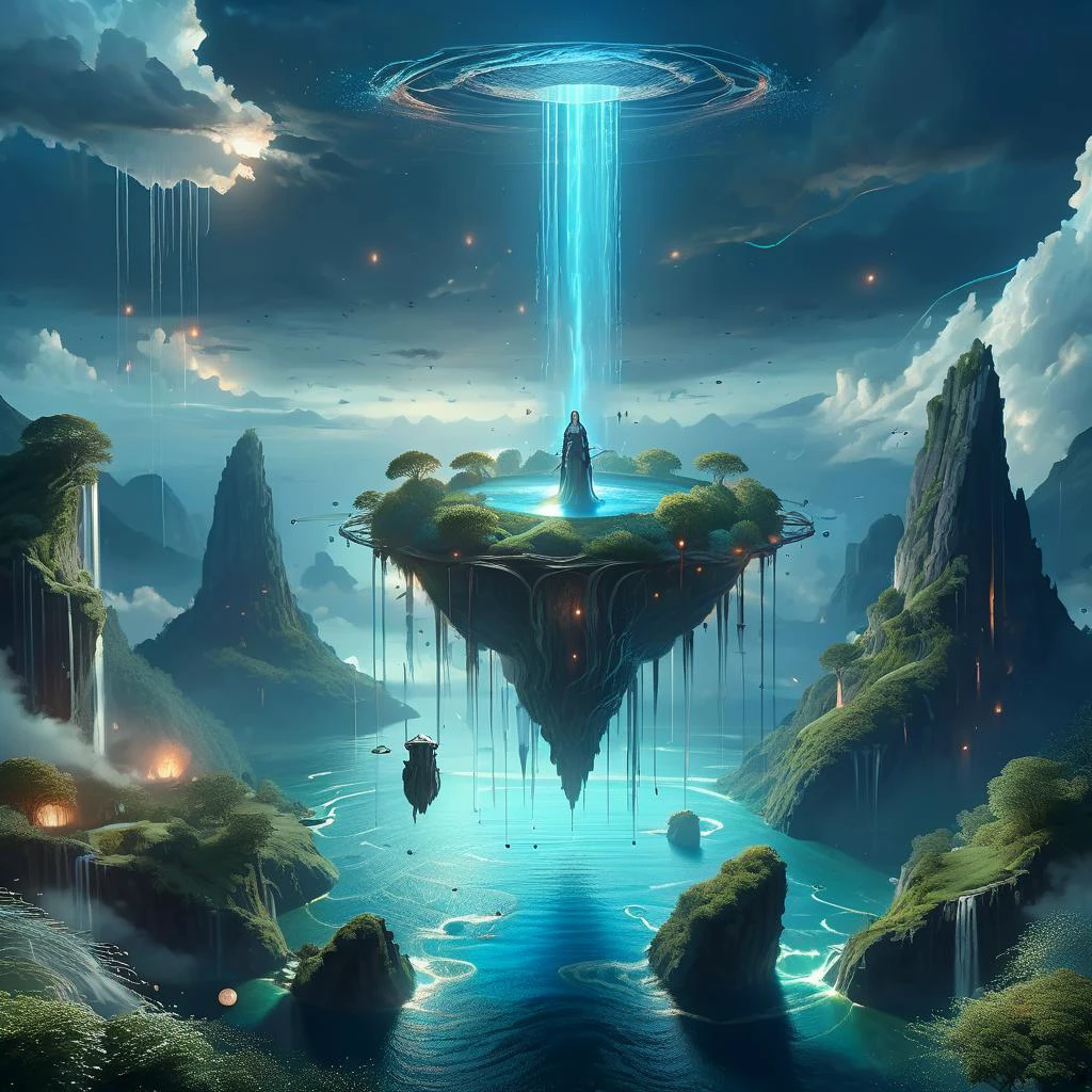 (masterpiece, best_quality, ultra-detailed, immaculate:1.3), epic, illustration, Magical floating islands with giant goddess watching over earth,1girl, solo, blue eyes, outdoors, sky, cloud, water, armor, glowing, colored skin, cloudy sky, staff, glowing eyes, rock, mountain, blue skin <lora:ral-mytfrst-sdxl:0.8> ral-mytfrst , fantasy, glowing, glowing eyes, fantasy landscape, floating islands, falling waterfalls, <lora:Particles_Style_SDXL:0.8> ais-particlez <lora:LORA-XenoDetailer-v3:.4> <lora:guardian:0.9> guardian